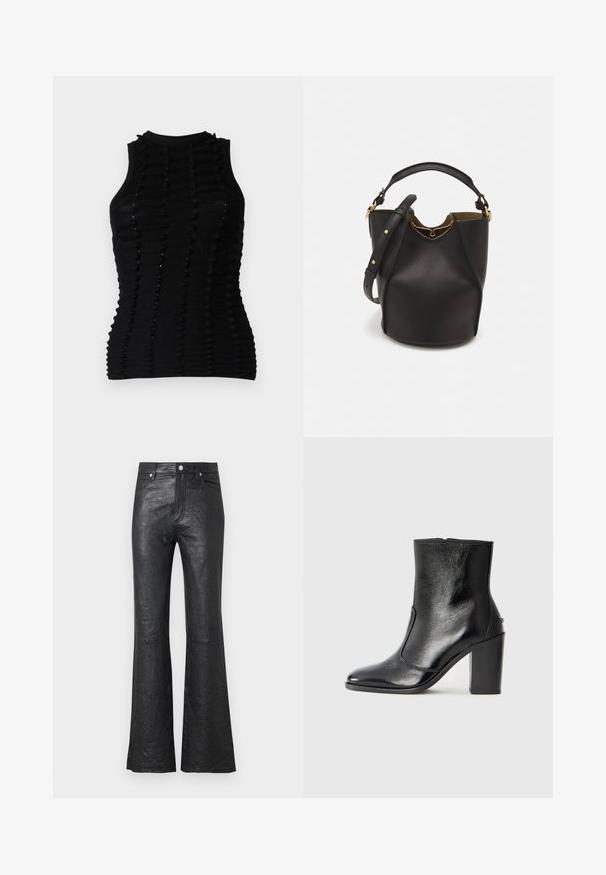 Black knit sleeveless top featuring a textured design with raised stripes and a high neckline, emphasizing a fitted silhouette.; Black leather flared pants featuring a crinkled texture, high waist, front pockets, and a classic button closure with zip fly.; Black leather ankle boot with a smooth texture, pointed toe, and a chunky high heel. Features a side opening and minimalistic design.; Black leather bucket bag with a textured finish, gold hardware accents, and an open top. Features a short handle and adjustable shoulder strap.