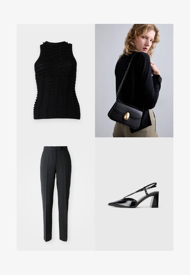 Mustat neulottu hihaton toppi, jossa on teksturoitu muotoilu nostetuilla raidoilla ja korkea kaula-aukko, korostaen muotoilua. ; Musta räätälöity suora lahjehousut korkealla vyötäröllä ja etuonteloilla, esillä yksinkertaisella vaalealla taustalla.; Musta patenttiliimainen slingback-korkokenkä, jossa on terävä kärki, säädettävä hihna ja paksu suorakulmainen korko.; Mustassa nahkabagissa on kaareva muoto, jossa on keskeinen kultainen ovaalimallinen solki, säädettävä kantohihna ja minimalistinen muotoilu.