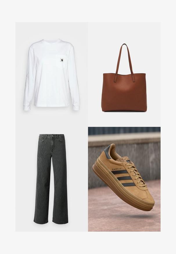 Witte long-sleeve T-shirt van katoen, voorzien van een borstzak met een vierkante logo patch, ronde halslijn en geribbelde manchetten.; Brede pijpen jeans in donkergrijs denim, met een subtiele zebra-structuur, contrasterende stiksels en een vijf-pocket ontwerp met een knoopsluiting.; Tansuede sneakers met een gladde textuur, voorzien van drie donkere strepen, een ronde neus en een dikkere zool met een gemarmerde rand.; Bruine leren tote bag met een gladde textuur, een ontwerp met een open bovenkant en twee schouderbanden. Kenmerkt zich door minimale stiksels en geen zichtbare hardware.