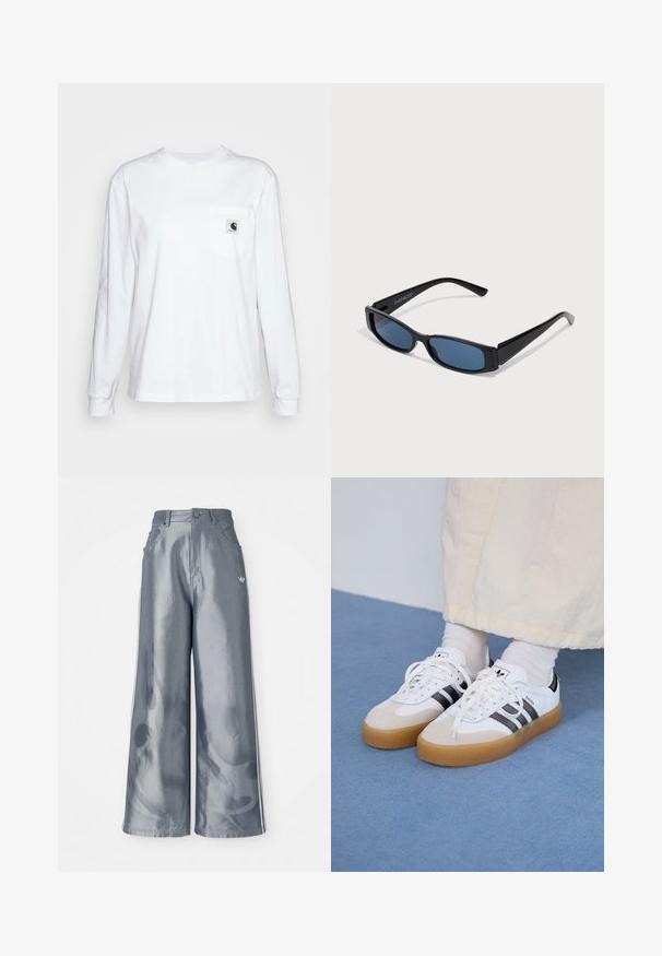 Pitkähihaisen valkoisen t-paidan, joka on valmistettu puuvillasta, etupuolella on rintatasku, jossa on neliömäinen logopatch, pyöreä pääntie ja ribatut hihansuut.; Housut leveillä lahkeilla kiiltävässä harmaassa materiaalissa, valkoisilla sivuviivoilla ja liekkikuvioilla alaosassa. Napin ja vetskarin suljenta vyötäröllä.; Valkoiset tennis kengät, joissa on mustia raitoja ja vaaleanruskeita mokka-yksityiskohtia. Varustettuna textuurilla varustetulla kumipohjalla ja tasaisilla valkoisilla kengännauhoilla, käytetään vaaleiden sukkien kanssa.; Mustat aurinkolasit, joissa on tyylikäs suorakulmainen kehys ja siniset linssit. Ominaisuuksiin kuuluu sileä pinta ja tukevat templet. Merkkilogo sivussa.