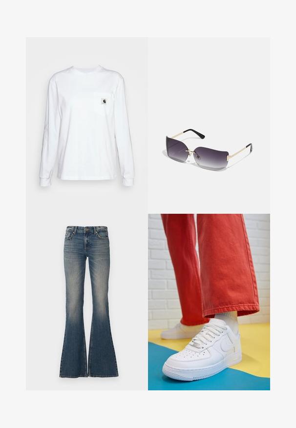 Dug md dugi rukava bijela majica od pamuka, s džepom na prsima i pravokutnom logotipnom oznakom, okruglim izrezom i rebrastim manžetama.; Razvučeni plavi traperice izrađene od denima, sa kopčanjem na dugme, dizajnom sa pet džepova i izblijedjelim završetkom s širokim otvorom nogavica.; Bijele kožne tenisice s perforiranim prednjim dijelom, teksturiranim đonom i bijelim vezicama, u kombinaciji s širokim crvenim hlačama i plavo-žutom pozadinom.; Naočale sivi gradijent leća, zlatni metalni okvir i crni plastični naglasci. Jedinstvene leće u obliku leptira s tankim drškama.