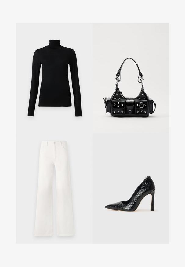 Fekete garbó pulóver puha, könnyű anyagból készült. Hosszú ujjaival és testhezálló kialakításával, magas nyakkal rendelkezik.; Fehér, magas derekú, bő szabású farmernadrág. Gombos záródással, két elülső zsebbel és oldalsó varrásokkal rendelkezik, amelyek varrási részleteket tartalmaznak.; Fekete hegyes orrú magassarkú cipő krokodilbőr textúrával, letisztult dizájnnal, magas tűsarkú és sima fekete belső résszel.; Fekete bőr kézitáska ívelt designnal, ezüst szegecsekkel, csattal és két oldalsó zsebbel. Állítható vállpánt a hordozási lehetőségekhez.