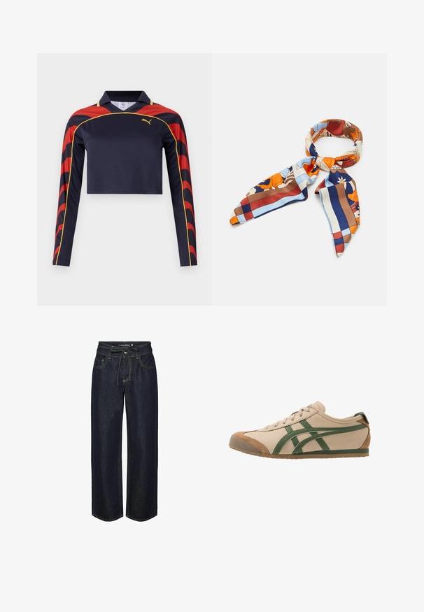 Marineblaue, langärmelige, verkürzte Polo-Bluse mit roten und gelben abgerundeten Akzenten an den Ärmeln. Glatter, leichter Stoff mit klassischem Kragen.; Dunkelblaue weite Jeans mit einer Kordelzugbund, ausgestattet mit Kontrastnähten, Fronttaschen und einer leicht lockeren Passform.; Beige Leder-Sneaker mit grünen Akzenten, runder Zehenpartie, flacher Sohle und Wildlederdetails an der Zehenkappe und Ferse.; Seidenschal mit einem farbenfrohen Blumen- und geometrischen Muster in Orange-, Blau-, Braun- und Cremetönen. Trianguläre Enden mit glatter Textur.