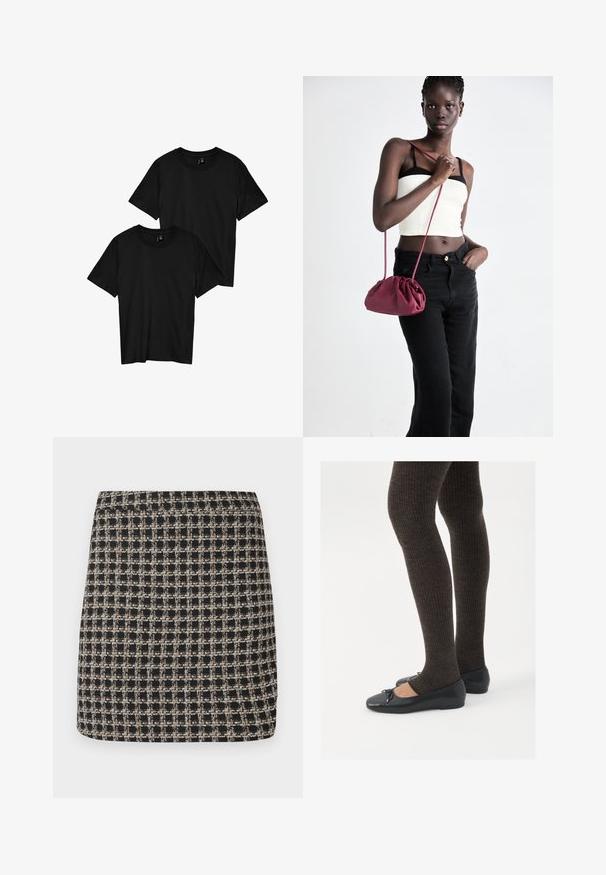 Black cotton t-shirts in a pack of two. Short sleeves, round neck, smooth texture, and simple design without any graphics or embellishments.; Black and beige checkered mini skirt with a textured weave and a smooth waistband, featuring a structured fit and simple design.; Black flat shoes with a small bow detail at the toe, paired with dark brown ribbed tights. Shoes have a smooth texture and low profile.; Burgundy soft fabric handbag with a gathered design and a long strap, worn crossbody. Model wears a white crop top and black jeans.