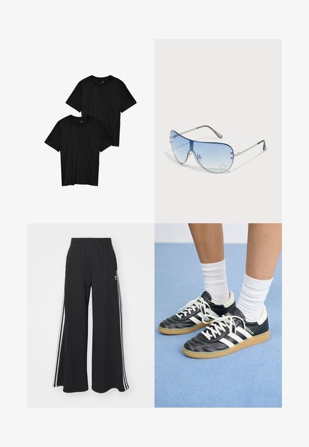 Schwarze Baumwoll-T-Shirts im Doppelpack. Kurze Ärmel, Rundhalsausschnitt, glatte Textur und einfaches Design ohne Grafiken oder Verzierungen.; Schwarze weite Sweatpants mit elastischem Bund, versehen mit weißen Seitestreifen und einem gestickten Logo auf dem linken Oberschenkel.; Schwarze Ledersneaker mit weißen Streifen, runder Zehenpartie, weißen Schnürsenkeln und Gummisohle. Abgerundet durch gepolsterten Kragen und Branding-Details.; Flugzeugbrille mit einem verlaufenden blauen Glase, silbernem Metallrahmen und dekorativen Sternelementen auf dem Glas. Glattes und elegantes Design.