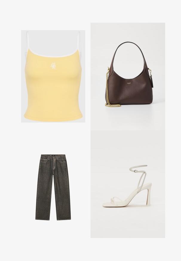 Žlutý žebrovaný top bez rukávů s bílým lemem a nastavitelnými ramínky, na přední straně s jemným vyšitým logem ve středu. Měkká textilie.; Tmavě šedé široké džíny vyrobené z denimu, se klasickým pětipocketovým designem, pevným šitím a zipem s knoflíkovým zapínáním.; Bílé sandály na podpatku se štíhlým páskem kolem kotníku a dvěma předními pásky. Hladká kožená textura se čtveratou špičkou a lesklým podpatkem.; COACH BROOKLYN SHOULDER BAG 23 - Kabelka - maple