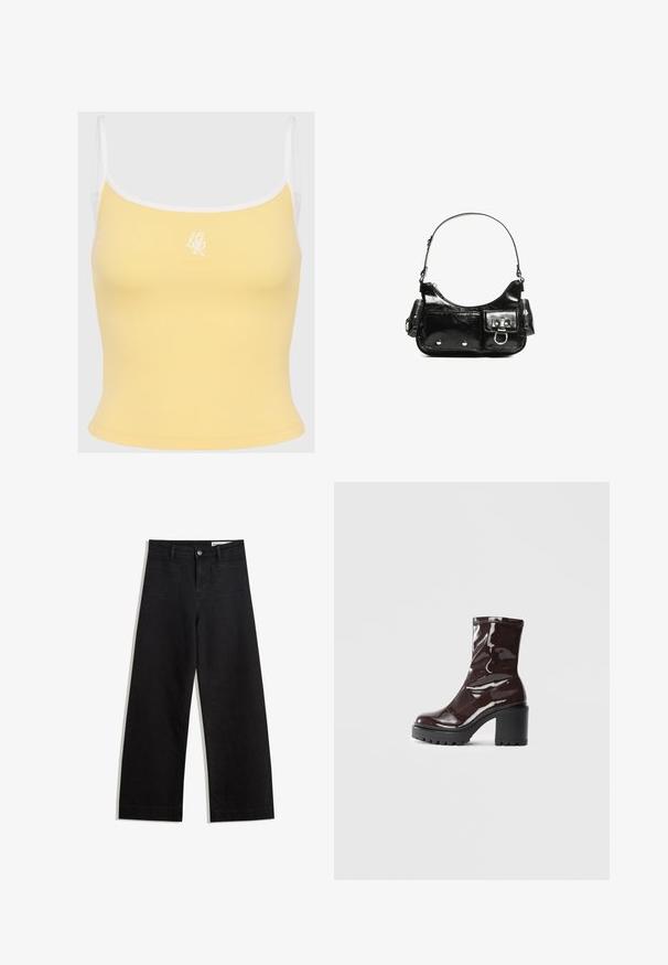Keltainen ribbattu tank top, jossa on valkoiset reunat ja säädettävät olkaimet, etupuolella on hillitty brodeerattu logo. Pehmeä kangasmateriaali.; Mustat leveät farkut korkealla vyötäröllä, joissa on etu- ja takataskut, ommellut saumat ja nappisuljenta. Silkinoinen rakenne.; Satea bordeaux berwarna mengkilap dengan tumit hitam tebal, menampilkan tekstur halus dan desain sederhana. Tanpa pengikat atau pola yang terlihat.; Mustekko mustasta kiiltonahasta valmistettu käsilaukku, jossa on kaareva muoto, yksi olkahihna, etutaskut ja hopeanväriset yksityiskohdat.