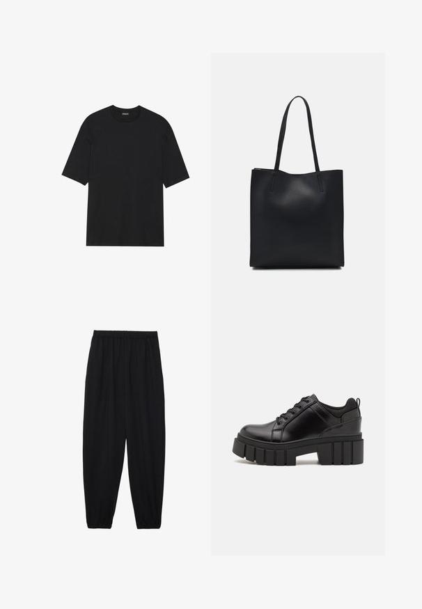 Must mustusega lühikeste varrukatega t-särk, mis on valmistatud puuvillast. Omab ümarat kaelust ja sirget hemmi. Minimalistlik disain ilma mustrite või aktsentideta.; Mustad, kerge kangas püksid elastse vöökoha ja kokku volditud pahkluudega. Kanga pind on sile ja disain on lõdvestunud, kitsenev.; Must musta platvormsussid paksu plokkninal, ümmarguse varbaga ja traditsioonilise nööridega kinnitamisega. Sussid on sileda tekstuuriga ja minimaalsete detailidega.; Mustast nahast kott sujuva tekstuuriga, ristkülikukujuline ja kahe pika sangaga. Pole nähtavat riistvara ega kaunistusi.