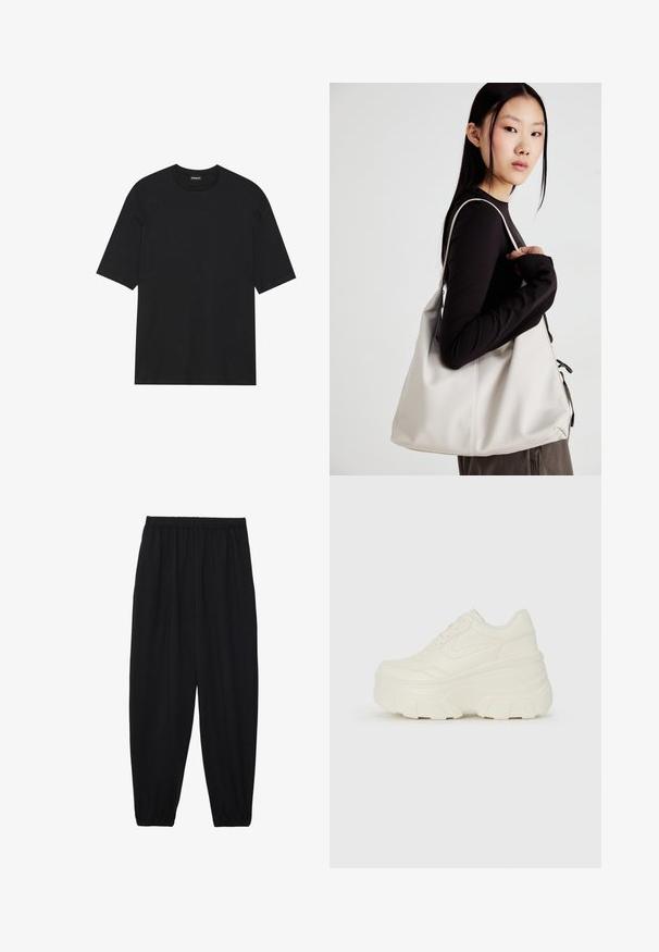 Black short-sleeve t-shirt made of cotton. Features a crew neckline and straight hem. Minimalist design without patterns or accents.; Black, lightweight pants with an elastic waistband and gathered ankles. The fabric is smooth and features a relaxed, tapered design.; White platform sneakers featuring a smooth leather-like upper, rounded shape, padded collar, and textured rubber sole with defined treads.; Beige handbag made of soft material, featuring a slouchy design, stitched detailing, and two shoulder straps. Suitable for everyday use.