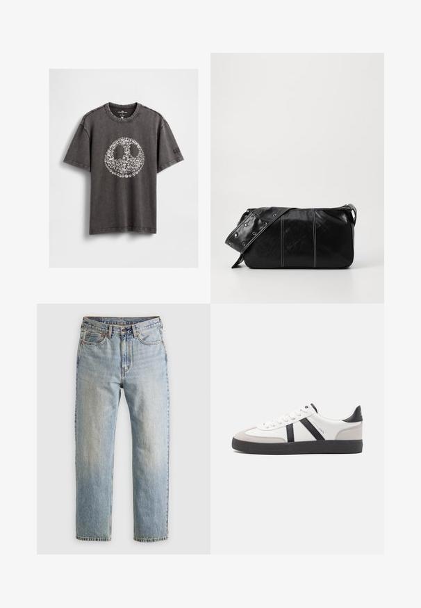 Pilka grafinė medvilninė marškinėlių su dideliu apskritu besišypsančiu veidu, kuriame yra smulkių kaukolių, trumpomis rankovėmis ir apvalia kaklo iškirpte.; Šviesiai mėlynos džinsinės kelnės su aukštu liemeniu, priekyje mygtukas, užtrauktukas ir penkių kišenių dizainas, išklotos ant neutralios fono.; Balti sportbačiai su juodais ir pilkais akcentais, pasižymintys tekstūruotu pilku pirštų dangteliu, juoda gumine padais ir plokščiomis baltomis raišteliais. Švarus dizainas, minimalistinis stilius.; Juodas odinis pečių krepšys su užtrauktuku, turintis tekstūruotą paviršių, baltą siuvinėjimą ir dirželį su sidabinėmis metalinėmis detalėmis.