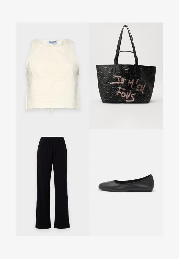 Korte, mouwloze top in off-white katoen met een rauwe zoom. Heeft een ronde halslijn en subtiele paneelnaden. Logo-label binnenin.; Zwarte, lichte, elastische taillebroek met een rechte pijpdesign. Zachte textuur zonder zichtbare patronen of accenten. Eenvoudige en veelzijdige stijl.; Zwarte leren ballerina met een ronde neus, gladde textuur, minimale stikdetails en een flexibele zoolontwerp.; Zwarte tote bag van gestructureerd materiaal met een diamanten patroon, schouderbanden en vetrode en witte tekst met de tekst "JE M'EN FOUS."
