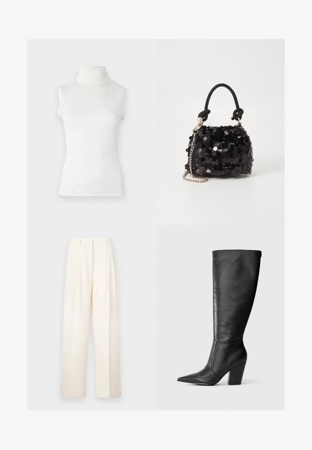 Valge ilma varrukateta kõrge kaelusega top pehmest kangast, millel on figuuri järgiv disain ja soonikkoes kaelus. Ühtlane tekstuur, ilma täiendavate mustriteta.; Kreemjad laiad püksid, valmistatud siledast kangast. Omavad kohandatud disaini esi-plekkide ja sirge lõikega.; Mustad musta nahkasaapad, millel on terav nina ja paks kõrge konts, esitatud vasakult külje profiilis valgel taustal.; Must have mustrõngus mustal sädelev mini käekotil on sõlme tekstuuriga rihm ja hõbedane ketis. Ümar kuju, kokku kogutud ülaosa ja peegeldav detail.