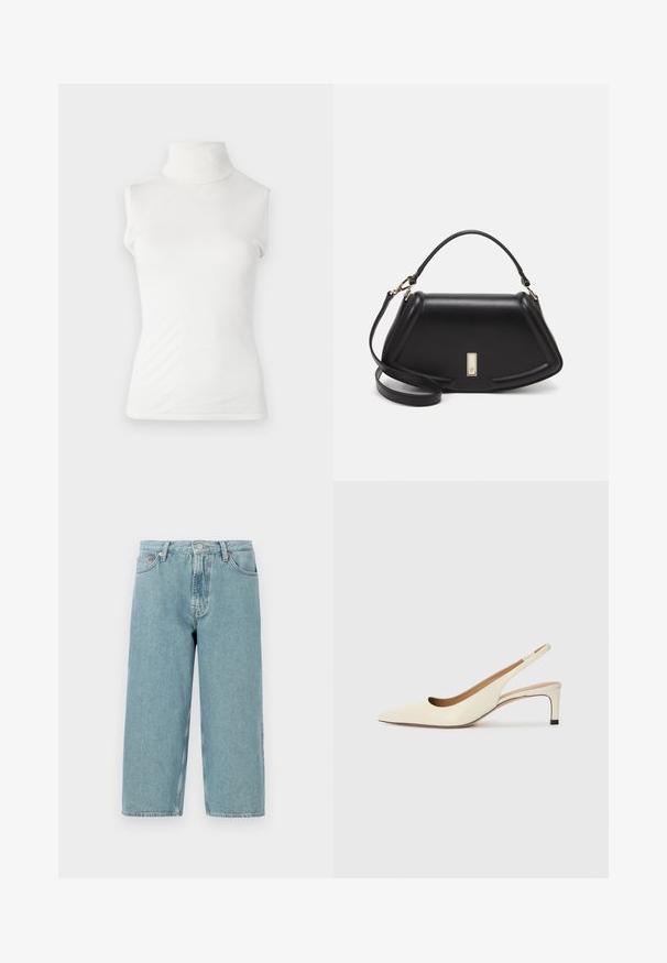 Bijela bezrukavna dolčevita majica izrađena od mekog materijala, s prilagođenim fitom i rebrastim izrezom. Glatka tekstura bez dodatnih uzoraka.; Svijetloplave traper šortse s visokim strukom, ravnog kroja i neuređenim rubom. Imaju klasično kopčanje na gumb i rajsferšlus, te četiri džepa.; Cipele s otvorenim petama u boji off-white, od kože, s uskim vrhom, niskom petom i izrezbarenim dizajnom, glatke teksture i minimalnim detaljima.; Crna kožna torba s strukturiranim dizajnom, s krojenim oblikom, gornjom drškom i zlatnim detaljima. Uključena je podesiva ramena traka.