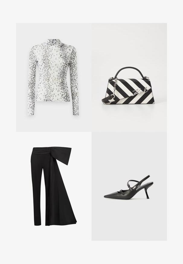 Ilgi piedurkņu tops ar augstu kakla izgriezumu, izgatavots no baltas auduma, kas rotāts ar pelēku un melnu punktiņu rakstu.; Melni bikses ar platu, karājošu jostu vidukļa zonā. Gluda auduma, taisnā kāju griezuma un krokām jostasvietā.; Melnas ādas slingback papēži ar norādītu purngalu, izsmalcinātu papēdi un dekoratīvu sprādzi uz priekšpuses. Gluda tekstūra un elegants dizains.; Melnām un baltām svītrām rotāta rokassoma ar strukturētu formu, ar augšējo rokturi, noņemamu ķēdes siksnu un metāla logotipa akcentu.