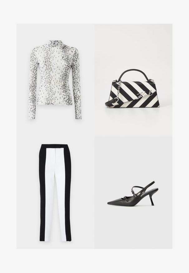 Langermet topp med høyt halsutringning, laget av hvit stoff prydet med et grått og svart prikket mønster.; Svart-hvite tapered bukser med smal passform og kontrasterende paneler. Stoffet har en glatt tekstur; midjebåndet er flatt og tettsittende.; Sorte skinn slingback-hæler med spiss tå, slank hæl og dekorativ spenne detalj på vampsiden. Glatt tekstur og stilrent design.; Svart- og hvitstripet håndveske med en strukturert form, som har et topphåndtak, en avtakbar kjedestropp, og metallisk logo-akcent.