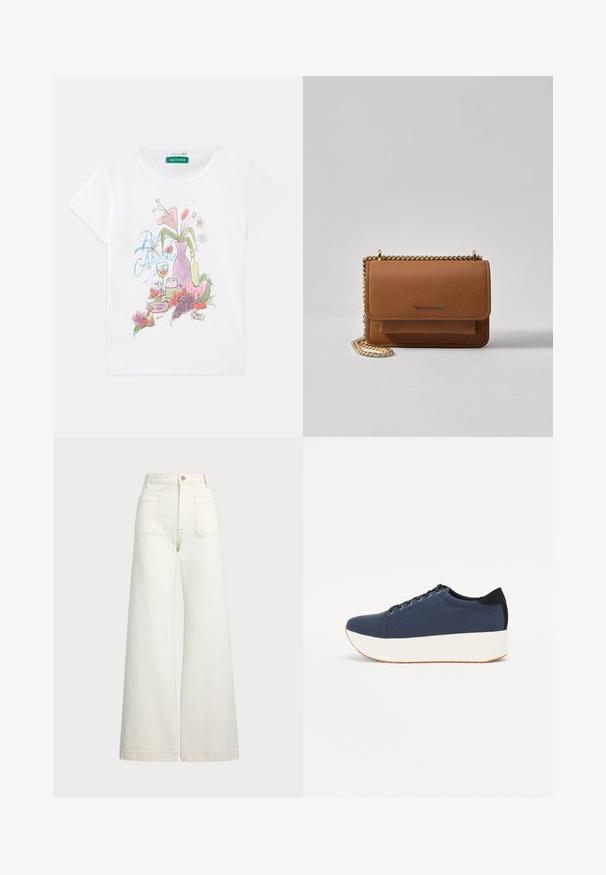White short-sleeve T-shirt with colorful graphic of a vase with flowers, fruit, drink glass, and grapes on the front.; Wide-leg jeans in off-white denim. High-waisted design with a button closure, two front pockets, and contrast stitching details.; Navy blue sneaker with a textured fabric upper, white platform sole, rounded toe, and black heel accent. Features six eyelets for laces.; Brown textured leather crossbody bag with gold chain strap and flap closure. Front features logo detail and a pocket under the flap.
