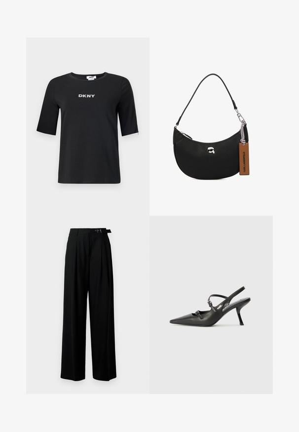 Μαύρο κοντομάνικο μπλουζάκι από βαμβάκι με στρογγυλή λαιμόκοψη. Διαθέτει ασημένιο λογότυπο "DKNY" μπροστά και φερμουάρ στον ώμο.; Μαύρο παντελόνι με φαρδιά πόδια και ψηλή μέση, πτυχές μπροστά και ζώνη με αγκράφα. Κατασκευασμένο από μαλακό, ελαφρύ ύφασμα.; Μαύρες δερμάτινες γόβες slingback με μυτερή μύτη, λεπτό τακούνι και διακοσμητική αγκράφα στο επάνω μέρος. Λείος υφής και κομψός σχεδιασμός.; Μαύρη δερμάτινη τσάντα χειρός με υφή βότσαλου, καμπυλωτό σχήμα, κλείσιμο με φερμουάρ στην κορυφή, ασημένια μεταλλικά μέρη και καφέ ετικέτα. Έχει χαρακτηριστικό λογότυπο.