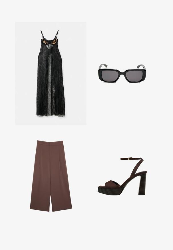 Čierny krajkový kúsok s priesvitným dizajnom, obsahujúci podprsenku s leopardím vzorom a tenkými ramienkami, otvorený vpredu s voľným siluetom.; Hnedé nohavice so širokými nohavicami a hladkou textúrou, s vysokým pásom a prednými skladmi. Tkanina je ľahká a voľne sa pohybuje.; Hnedé semišové sandále na vysokom podpätku s otvorenou špičkou, nastaviteľným členkovým remienkom a pruhovanou platformovou podrážkou.; Čierne obdĺžnikové slnečné okuliare s tmavými sklami, hladkým plastovým rámom a zakrivenými stranami. Dizajn je robustný s minimalistickou estetikou.