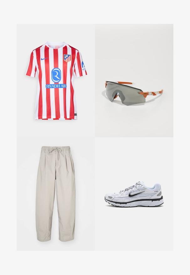 Piros-fehér csíkozott focimez, kerek nyakkal, Nike logóval és kék szponzorlogóval. Bal mellkason embléma található.; Beige, könnyű nadrág, rugalmas derékkal és zsinórral. Ráncokkal és laza szabással rendelkezik, puha, sima anyagból készült.; Fehér futócipő hálós felsőrésszel, lekerekített orral, fekete kiegészítőkkel és mintás talppal. Felszerelt fűzővel és oldalsó márkajelzéssel rendelkezik.; Sport napszemüveg szürke lencsével, narancssárga részletekkel és mintázott fehér szárakkal. Teljesítményre tervezve, körbeölelő formával.