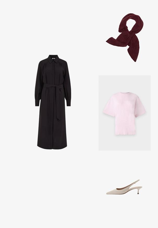 Lyserød bomulds T-shirt med rund hals, korte ærmer og oversized pasform. Blød tekstur og enkelt design uden mønstre eller accenter.; Lang sort kjole med kraveformet halsudskæring, knaplukning foran, lange puffede ærmer og et bælte, der knyttes i taljen. Fremstillet af glat stof.; Beige slingback-hæle med spids tå og en lav, flared hæl. Fremstillet af glat læder med et minimalistisk design og justerbar rem.; Bordeaux tørklæde lavet af blødt, tekstureret stof; har en forlænget form med spidse ender, velegnet til at vikle om eller binde.; Brun lædertaske med struktureret finish, der har en guldfarvet lås og en enkelt, buet skulderrem.