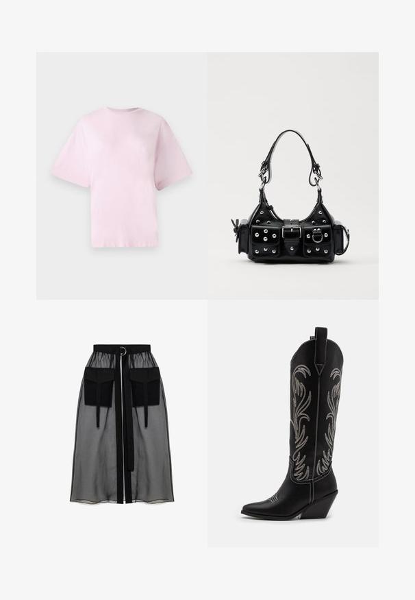 Tricou din bumbac roz, cu guler rotund, mâneci scurte și croială supradimensionată. Textură moale și design simplu, fără modele sau accente.; Fustă neagră transparentă cu un talie plisată, având două buzunare mari în față, un cordon pentru talie și un accent metalic circular.; Bocanci de cowboy din piele neagră, cu vârfuri ascuțite, toc wedge și modele florale brodate cu fir argintiu de-a lungul tijei. Cusături în contrast pe întreaga suprafață.; Geantă de piele neagră cu un design curbat, dotată cu studuri argintii, o cataramă și două buzunare laterale. Curea ajustabilă pentru opțiuni de transport.