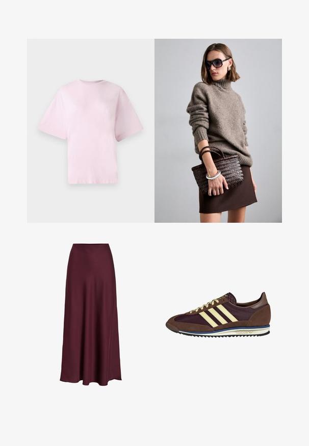 Ružičasta pamučna majica s rundastim izrezom, kratkim rukavima i širokim krojem. Mekana tekstura i jednostavan dizajn bez uzoraka ili naglasaka.; Bordo saten maxi suknja s glatkom teksturom, visokim strukom i lepršavim siluetom koja se blago širi prema rubu.; Smeđi i burgundski teniski s uzorcima od antilopa i mrežastih materijala, s tri kremaste pruge, teksturiranim materijalom na jeziku i gumeni potplat.; DRAGON DIFFUSION MINI FLAT GORA - Ručna torba - dark brown