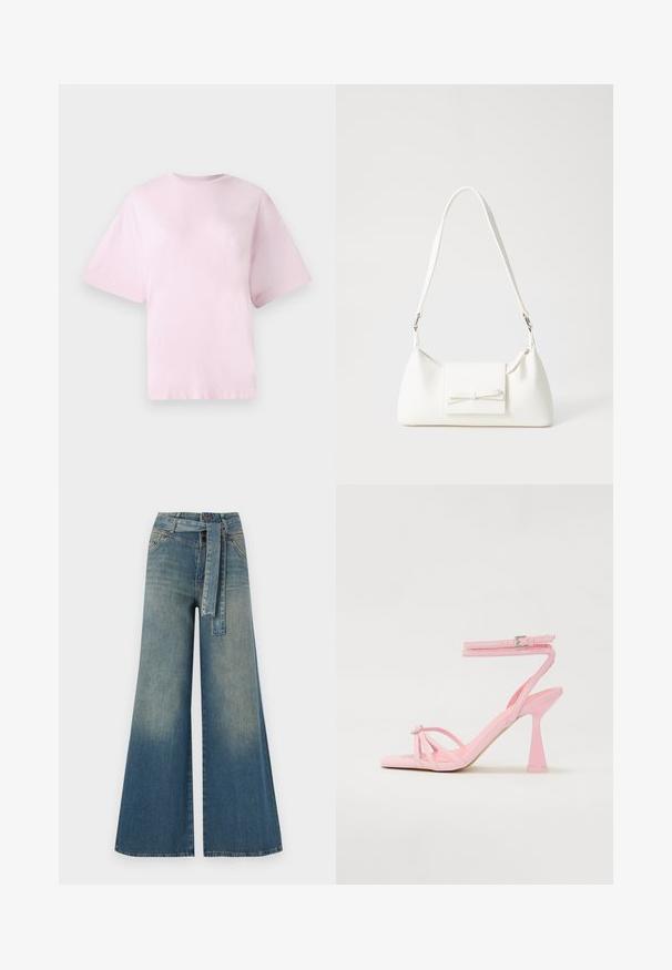 Pink cotton T-shirt with a round neck, short sleeves, and an oversized fit. Soft texture and simple design without patterns or accents.; Wide-leg denim trousers featuring a light to dark blue gradient, high waist, belt loops, and a matching fabric belt. Textured denim finish.; Pink heeled sandals with strappy design and ankle buckle. Features a decorative element at the toe and a modern, tapered heel design.; White synthetic handbag with a triangular shape, flat front flap and bow detail, adjustable strap, smooth texture, and minimalistic design.
