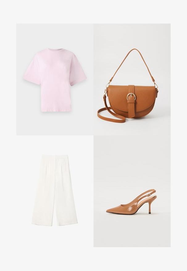 Rosa Baumwoll-T-Shirt mit Rundhalsausschnitt, kurzen Ärmeln und lässiger Passform. Weicher Stoff und einfaches Design ohne Muster oder Akzente.; Helle, weite Hose aus glattem Stoff. Verfügt über einen flachen Bund und vertikale Falten für zusätzliche Details.; Spitz zulaufender Slingback-Absatz aus einem glatten, glänzenden, tanfarbenen Material. Mit einem geschwungenen Ausschnitt-Design und einem schlanken Stiletto-Absatz. Silberne Schnallendetails.; Braune Leder-Crossbody-Tasche mit geschwungener Form, goldfarbenen Beschlägen und einer Schnallenakzentuierung. Verfügt über einen abnehmbaren Schultergurt.