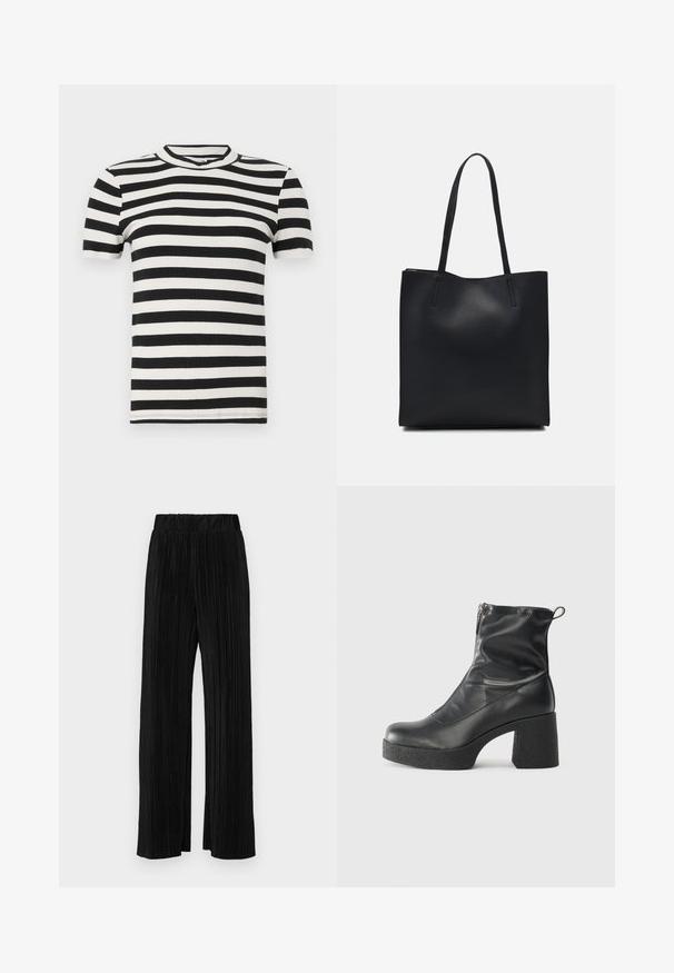Černobílé pruhované tílko s krátkým rukávem, žebrované, s kulatým výstřihem a přiléhavým střihem. Jemná textura po celé ploše.; Černé plisované kalhoty s elastickým pasem. Mají široké nohavice a hladkou, strukturovanou tkaninu s vertikálními pruhy.; Černé kotníkové boty vyrobené z hladké kůže, s bočním zipem, robustním strukturovaným podpatkem a kulatou špičkou.; Černá kožená taška přes rameno s hladkým povrchem, obdélníkovým tvarem a dvěma dlouhými uchy. Žádné viditelné kování ani ozdoby.