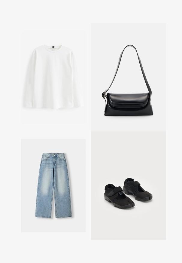 White long-sleeve T-shirt made of cotton. Features a round neckline, regular fit, and minimalistic design with no patterns or visible hardware.; Light blue denim wide-leg jeans with a high waist, featuring a faded finish, five pockets, and a straight cut.; Black water shoes made of flexible fabric with a Velcro strap, featuring a unique split-toe design and textured rubber sole for grip.; Black leather handbag with a structured shape, a smooth texture, and a single shoulder strap. Features a subtle, rounded flap design.