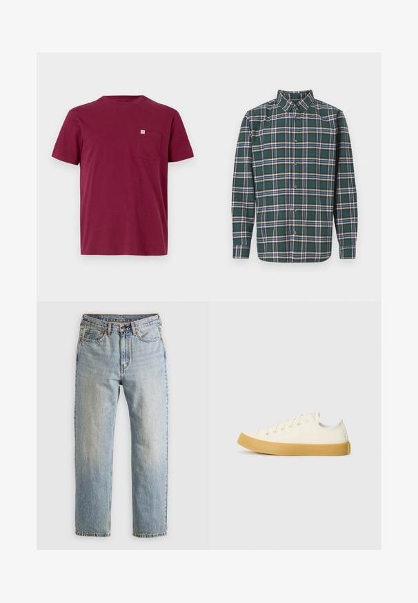 Bordo medvilninis marškinėliai su apvalia iškirpte, trumpomis rankovėmis ir kairiu krūtinės kišeniu. Yra mažas prekės ženklo etiketė ant kišenės.; Žalias flanelinis marškinis, puoštas plaidiniu raštu su mėlynomis, baltomis ir garstyčių geltonumo linijomis. Mygtukais užsegama priekinė dalis ir smailas apykaklė. Ilgos rankovės.; Šviesiai mėlynos džinsinės kelnės su aukštu liemeniu, priekyje mygtukas, užtrauktukas ir penkių kišenių dizainas, išklotos ant neutralios fono.; Oficio drobės sneakeriai baltai kreminės spalvos, su apvaliu galiuku, su smėlio spalvos guminiais padais ir penkiomis skylėmis raištams, turintys tekstūruotą viršutinę dalį.