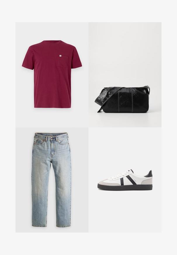 Burgundy cotton t-shirt with a crew neck, short sleeves, and a left chest pocket. Features a small brand tag on the pocket.; Light blue denim jeans with high waist, front button, zipper, and five-pocket design, laid flat on a neutral background.; White sneaker with black and gray accents, featuring a textured gray toe cap, black rubber sole, and flat white laces. Clean design, minimalist style.; Black leather shoulder bag with a zip closure, featuring a textured body, white stitching, and a strap with silver grommets.