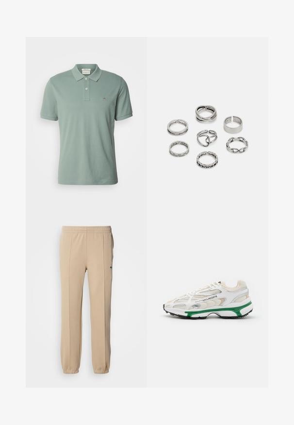 GANT REG SHIELD SS - Polo - dry green; Lacoste Calças de fato de treino - viennese; Sapatilha branca com detalhes verdes e sola de borracha preta. Apresenta painéis em malha e sintéticos, com um acabamento texturizado e costura visível.; Conjunto de sete anéis de prata com vários designs, incluindo padrões torcidos, entrelaçados e gravados. Diferentes formas e larguras.