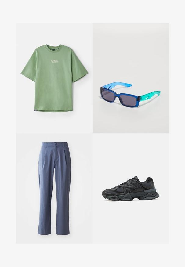 Roheline lühikeste varrukatega T-särk, mis on valmistatud puuvillast, ümarate kaelustega ja väikese valge logoga rinnal. Sile tekstuur, mugav lõige.; Tumedad sinised püksid voldikutega, sirge lõikega, valmistatud kerge kangaga, esise sulgemisega ühel nööbil ja taljeaasadega.; Mustad mustus jooksukeng, mis sisaldab segu võrgust ja sünteetilisest materjalist, jäme talla, kaarduv disain ja silmapaistev bränding külgedel.; Sinine ja roheline prillid, millel on ristkülikukujulised läätsed; läbipaistvad raamid; tekstureeritud sinised käepidemed; tumedad läätsed; silmapaistev bränding küljel.