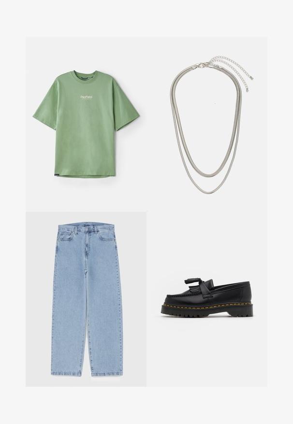 Žalia trumpomis rankovėmis kategorija, pagaminta iš medvilnės, su apvalia kaklo iškirpte ir mažu baltu logotipu ant krūtinės. Glotni tekstūra, laisvas kirpimas.; Šviesiai mėlyni džinsai su tiesiomis kojomis, turintys vidutinio aukščio juosmenį, penkias kišenes ir mygtuko bei užtrauktuko uždarymą.; Juodas odinis loaferis su kutais, turintis masyvų juodą pado ir geltonus siūlus palei kraštą. Textūruota danga.; Trijų sluoksnių sidabrinė metalinė apyrankė, kuri pasižymi stilingomis, lankstosiomis grandinėlėmis su švelniu blizgesiu, užsegama krabų užsegimu ir reguliuojama grandinė.