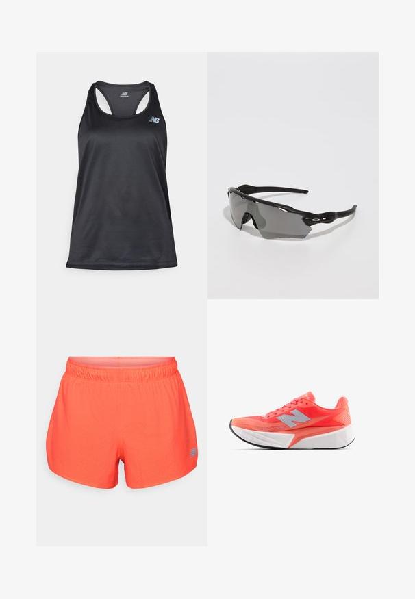 Svart atletisk linne i lättviktig tyg, med racerback-design, platta sömmar och New Balance-logotyp i grått på övre vänstra sidan.; Herrarnas löparshorts i klar korall, tillverkade av andningsbart tyg med perforerad textur. Har en elastisk midja och en blå logotypdetalj.; Lättviktslöparsko i klar korall med ovandel i mesh och silverlogotyp. Distinkt texturerad vit mellansula och svart gummiyttersula.; Svarta sportsolglasögon med en elegant design, omgerande linser, gråtonade linser och texturerade svarta tempelarmar. Inga synliga logotyper.
