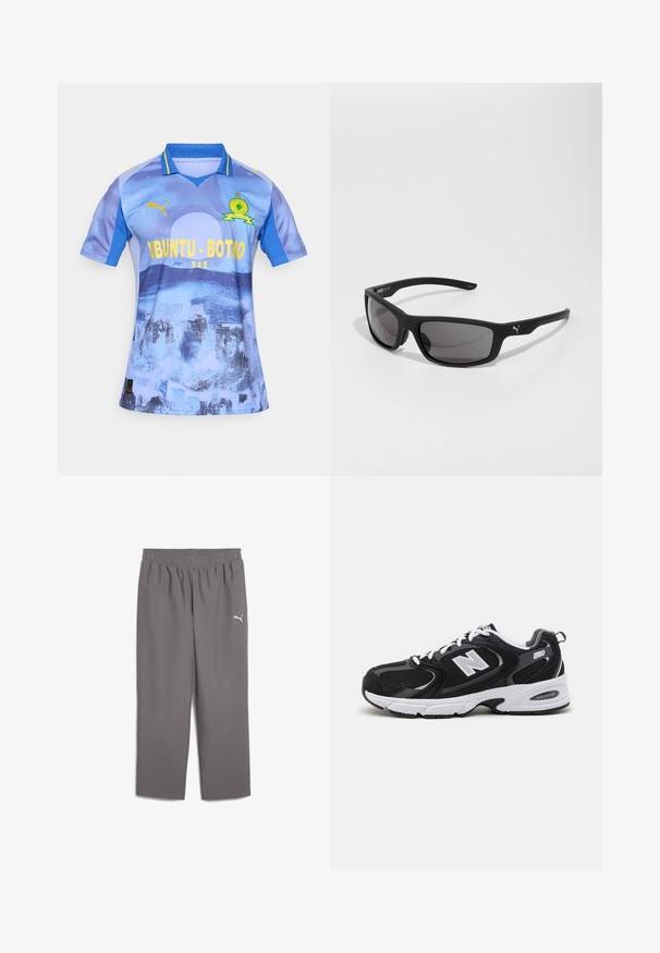 Svetlo modra nogometna majica z gradientnim vzorcem, ki ima rumen napis "UBUNTU-BOTHO" in majhen zelen logotip na prsih. Kratki rokavi.; Sive športne hlače z elastičnim pasom, izdelane iz lahkega materiala. Imajo majhen bel logotip na levi nogi.; Črne in sive športne čevlje z zgornjim delom iz mrežaste in semiš usnja, s belim srednjim podplatom, vezalkami in močnim logotipom "N" na strani.; Črne sončne očala z mat površino, pravokotnimi lečami in izstopajočim logotipom na ušesniku. Polarizirane leče, UV zaščita.
