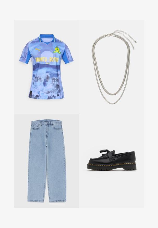 Gaiši zils futbola krekls ar gradients dizainu, ar dzelteniem uzrakstiem "UBUNTU-BOTHO" un mazu zaļu logo uz krūšu daļas. Īsas piedurknes.; Gai zila džinsu bikses ar taisnu kāju dizainu, kas piedāvā vidēju vidukļa augstumu, piecas kabatas un pogas un rāvējslēdzēja aizdari.; Melnas ādas mokasīni ar pērlītēm uzsvaru, ar masīvu melnu zoli un dzeltenu šuvumu gar malu. Ar teksturētu apdari.; Trīslīmeņu sudraba metāla kaklarota ar gludām, elastīgām ķēdēm, kas spīd, droši piestiprināta ar omā uzgali un regulējamu ķēdi.