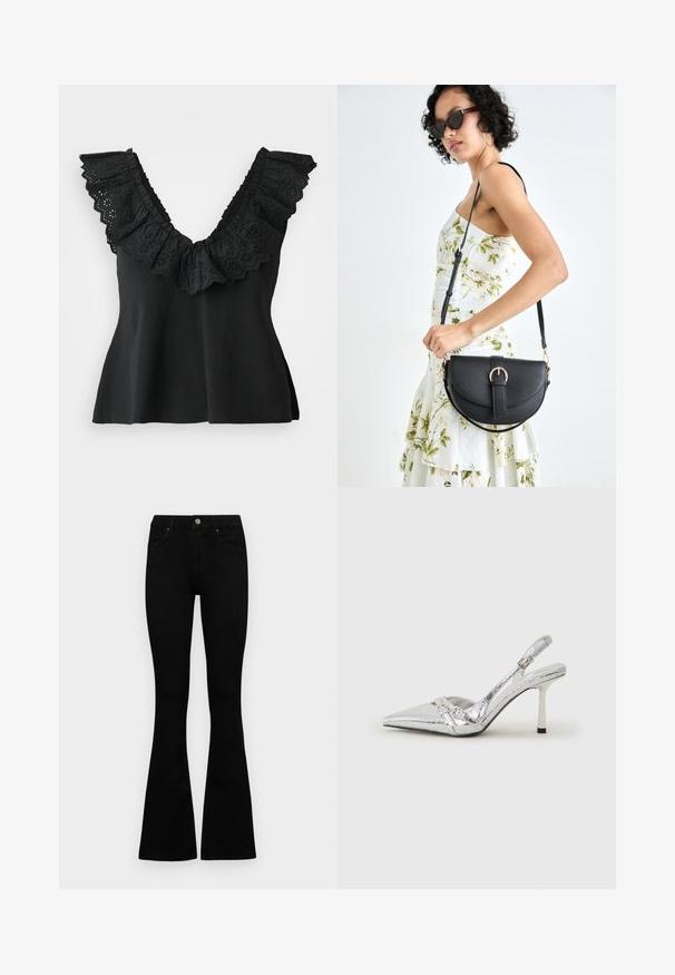 Juoda be rankovių palaidinė su giliu V formos iškirpimu ir plačiu, raukšlėtu kraštu, kuris turi išpjautas gėlių detales. Minkšta tekstūra; laisvas siluetas su švelniu išplatėjimu.; Juodos aukšto liemens džinsai su mygtuku ir užtrauktuku, priekinėmis kišenėmis ir platėjančiomis kojomis, išdėstyti ant baltos fono.; Sidabriniai slingback aukštakulniai batai su smailia pavadinimu, metaliniu paviršiumi, dviem dekoratyvinėmis juostelėmis ir lieknu kulnu su juodu galiuku.; Juodas odinis krepšys su išlenkta forma, nuimamu dirželiu ir auksiniais detalėmis. Krepšys turi kilpą su sagtimi.