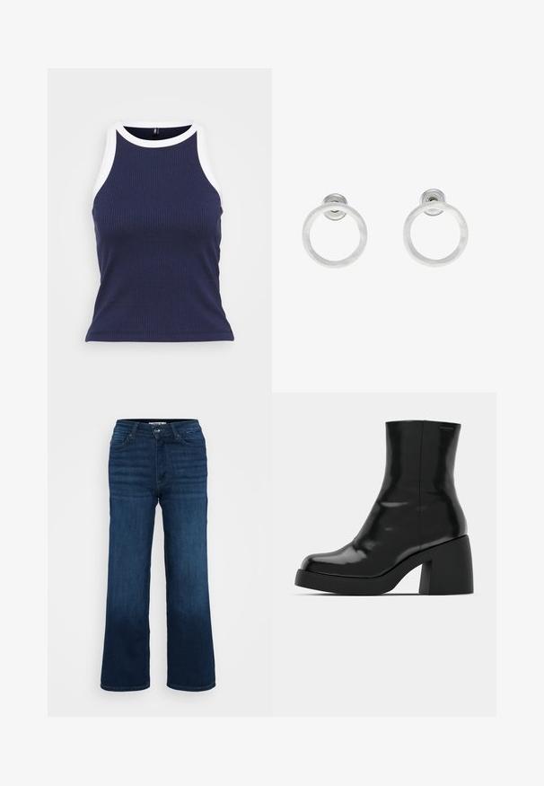 Laulu tummansininen ribattu tank top, jossa on valkoinen kontrastireuna kaula-aukossa ja hihoissa. Muotoiltu ja pehmeä kangas, jossa on sileä pinta.; ONLY Petite ONLMADISON BLUSH WIDE - Leveälahkeiset - dark blue denim; Mustat nilkkurit, joissa on kiiltävä pinta, neliön muotoinen kärki ja paksu lohkoheel. Muotoilussa on saumatonta siluettia ja vähäistä brändäystä.; Hopeista valmistetut korvakorut, joissa on harjattu pinta, ympyrän muotoinen muotoilu ja kirkas varsi takana, joka takaa turvallisen käytön.