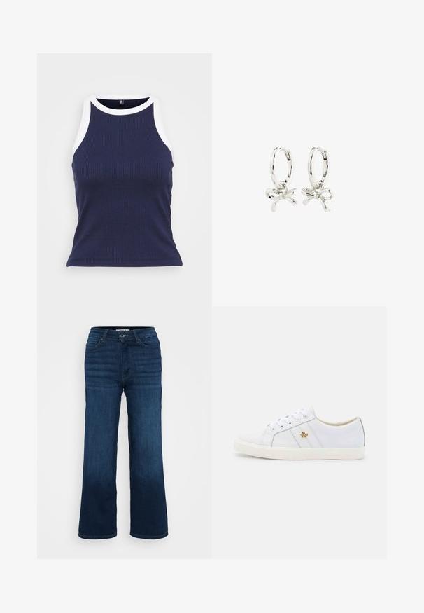 Tumši zils ribota t-krekls ar baltu kontrastējošu apdari ap kaklu un roku caurumiem. Pieguļoša forma un maiga auduma struktūra ar gludu tekstūru.; ONLY Petite ONLMADISON BLUSH WIDE - Džinsi ar platām starām - dark blue denim; Lauren Ralph Lauren JANSON II ACTION LEATHER SNEAKER - Sporta apavi - real white; Sudraba auskari ar gredzenu formu un saites dizainu, ar gludu apdari un pulētu tekstūru. Kompakts, minimālisma stils, kas piemērots dažādām reizēm.