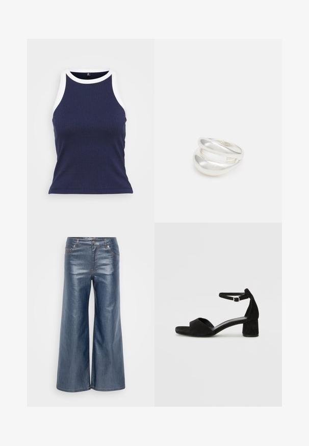 Marinefarbener, gerippter Tank-Top mit weißem Kontrastbesatz entlang des Halsausschnitts und der Armausschnitte. Anpassende Form und weicher Stoff mit glatter Textur.; Weite Jeanshosen in Dunkelblau mit glatter Textur, fünf Taschen und kontrastierenden Nähten. Vorderer Knopf- und Reißverschluss.; Schwarze Wildleder-Espadrilles mit einem dünnen Knöchelriemen, offener Zehenpartie und moderatem Blockabsatz. Glatte Textur und minimale Akzente.; Silberner Doppelring mit einer glatten, polierten Oberfläche. Verfügt über ein fließendes, kurviges Design mit überlappenden Abschnitten für einen modernen Look.