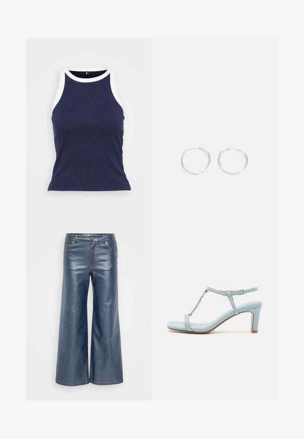 Kék csíkos ujjatlan felső fehér kontrasztos díszítéssel a nyakán és a kar-lyukainál. Feszes szabás és puha, sima tapintású anyag.; Sötétkék, széles lábú farmernadrág, sima tapintással, öt zsebbel és kontrasztos varrással. Elöl gombbal és cipzárral záródik.; Világoskék bokapántos magas sarkú szandál, négyzetes orral, fényes fémes díszítéssel és sima, elegáns bőrfelülettel.; Ezüst karika fülbevalók, letisztult, kerek formával, sima felülettel és látható díszítés nélkül. A átmérő nem megadott.