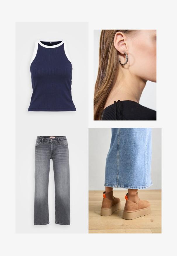 Marine ribbestrikket tank topp med hvitt kontrastbånd langs halsen og armhulene. Tett passform og mykt stoff med en jevn tekstur.; Grå denimjeans med rett ben-design, fem-lomme stil, subtil falming, og knappelukking i midjen.; Brune semska plattformstøvler med elastiske sidepaneler og orange rekkehalser, parret med en knelange lys denimskjørt på et tregulv.; Sølv ringøredob med en polert finish, med små gull detaljer og en rund form, båret på øreflippen.