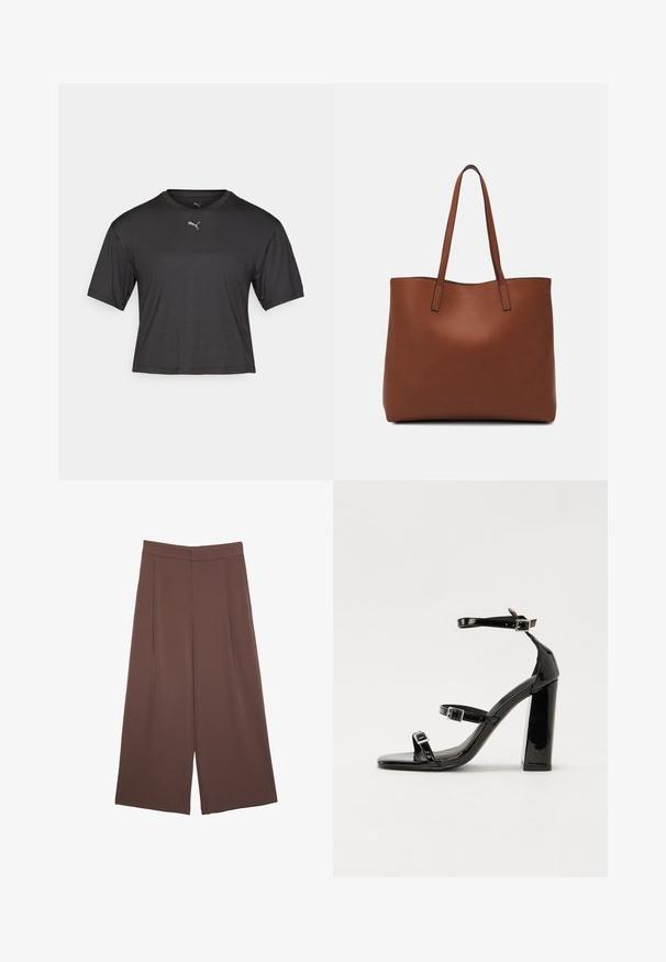 Musta lyhythihainen t-paita, lyhennetty malli, valmistettu kosteutta siirtävästä kankaasta. Rinnassa pieni hopeinen Puma-logo.; Ruskeat leveälahkeiset housut, joissa on sileä pinta, korkea vyötärö ja etupleat. Kangas on kevyttä ja laskeutuu väljänä.; Musta kiiltävä korkokenkä sandaalit neliönmuotoisella varpaalla, nilkkaremmillä ja hopeisilla soljilla. Varustettu tukevalla lohkokorkealla vakauden takaamiseksi.; Ruskea nahkainen olkalaukku, jossa on sileä pinta, avoin yläosa ja kaksi olkahihnaa. Omaavat vain minimaalisen ompelun eikä näkyvää metalliosaa.