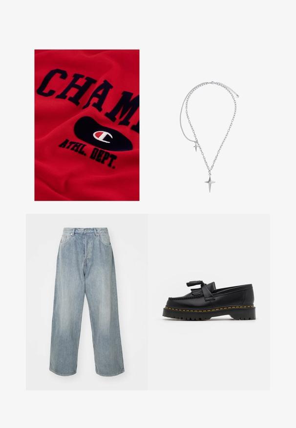 Rød bomulds sweatshirts med store navy teksten "CHAMP" og "ATHL. DEPT." samt et sort ovalt logo med et hvidt og rødt emblem.; Lysblå denimjeans med løs pasform, høj talje, fem lommer og kontrasterende syninger. Har et lige ben-design og rene sømme.; Sort læderloafer med en frynsedetalje, der har en kraftig sort sål og gul syninger langs kanten. Teksturert overflade.; Heideman LUCA - Halskæder - silberfarben poliert