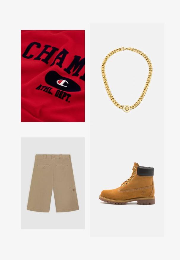 Felpa rossa in cotone con grande scritta navy "CHAMP" e "ATHL. DEPT.", accompagnata da un logo ovale nero contenente un emblema bianco e rosso.; Pantaloni corti marrone chiaro con fronte piatto, due tasche posteriori e una tasca laterale cargo. Realizzati in tessuto di cotone morbido.; Stivale alla caviglia in suede tan con collare imbottito nero, occhielli in metallo dorato, dettagli in cucitura bianca e suola in gomma robusta con battistrada pronunciato.; Collana in oro con grandi anelli intrecciati, caratterizzata da un dettaglio pendente circolare al centro con un emblema in rilievo.