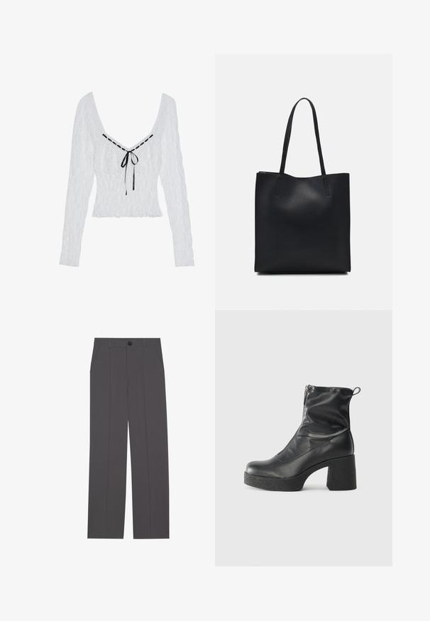 Weißes Langarmoberteil mit strukturiertem Stoff, tiefem V-Ausschnitt und einem schwarzen Satinband in der Mitte. Raffung am Oberteil mit ausgestelltem Saum.; Graue Hose im geraden Schnitt, mit zwei seitlichen Taschen und einem Knopfverschluss. Glattes Material ohne sichtbare Muster oder Akzente.; Schwarze Stiefeletten aus glattem Leder mit seitlichem Reißverschluss, klobigem strukturiertem Absatz und runder Zehenform.; Schwarze Laptoptasche aus Leder mit glatter Textur, rechteckiger Form und zwei langen Griffen. Keine sichtbaren Beschläge oder Verzierungen.