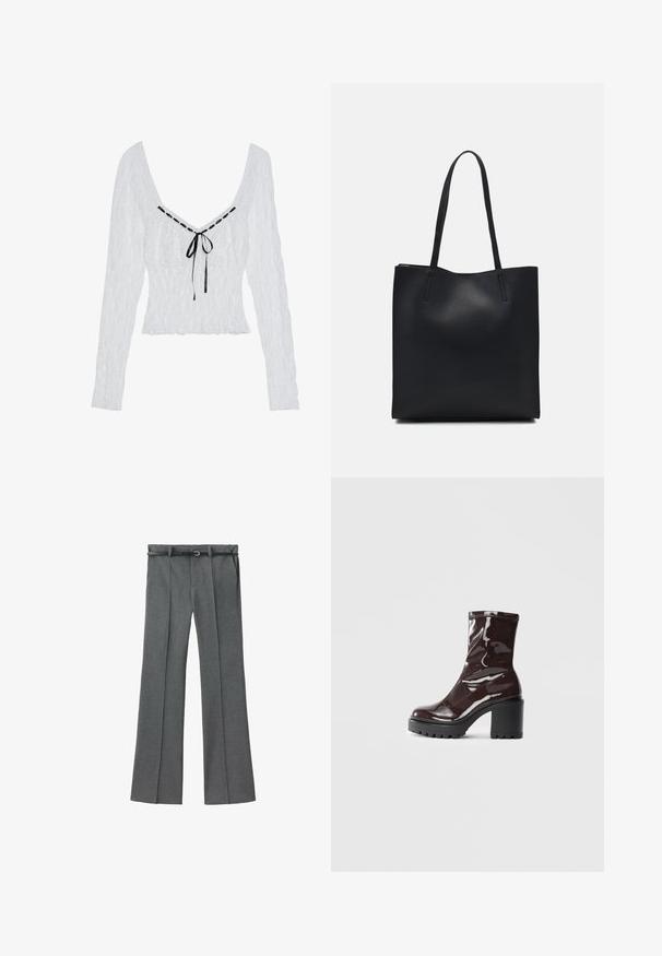 White long-sleeve top featuring a textured fabric, deep V-neck, and a black ribbon tie at the center. Ruched bodice with flared hem.; Gray tailored trousers with a straight leg design, lightweight fabric, belt loops, and a narrow belt featuring a silver buckle.; Glossy burgundy ankle boot with a chunky black heel, featuring a smooth texture and simple design. No visible fastenings or patterns.; Black leather tote bag with smooth texture, rectangular shape, and two long handles. No visible hardware or embellishments.