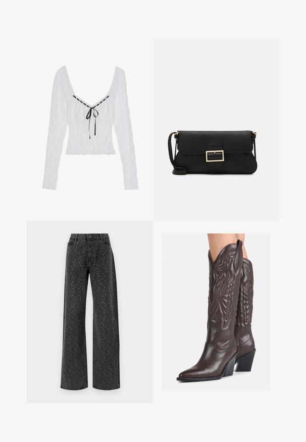 Bela dolga majica z dolgimi rokavi, ki ima teksturirano tkanino, globok V-izrez in črn trak na sredi. Nabran korpus z razširjenim robom.; Noisy May NMJANNEL LOOSE - Široke kavbojke - black denim; Rjave usnjene kavbojske čevlje z ostrim nosom in blok peto, ki vsebujejo podrobno šivanje in dvignjene dodatke na zgornjem delu.; Črna usnjena torbica na preklop z zlato kovinsko zaponko. Vključuje črn trak in eleganten, minimalističen dizajn.; Srebrne uhane v obliki obroča z minimalističnim dizajnom. Krožna oblika, gladka tekstura in tanek profil. Lahki s poliranim zaključkom.